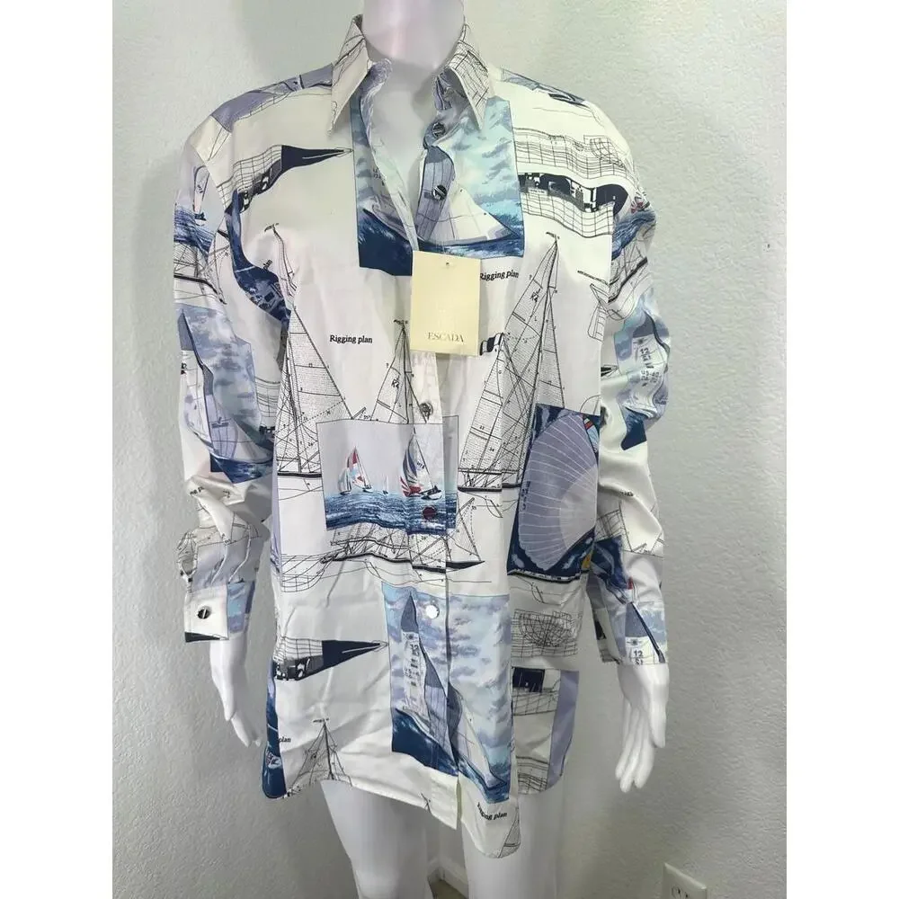 Vtg New Sz 38 Women’s Escada Long Sleeve Shirt Cotton Nautical Maritime Boats